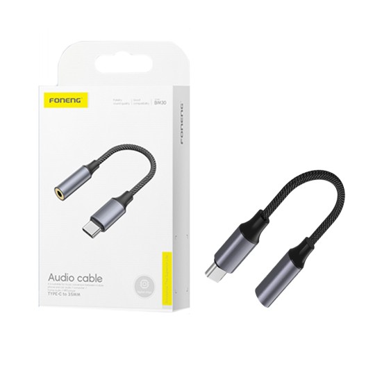 Cabo de Áudio Adaptador Metálico Foneng BM30 3.5mm Fêmea para Tipo C 14cm Preto